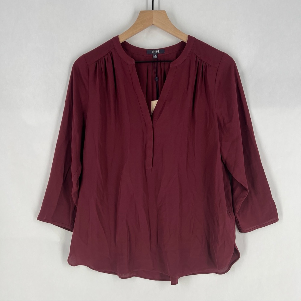 NYDJ 3/4 Perfect Pintuck‎ Blouse Grenache Chiffon NWT Size S